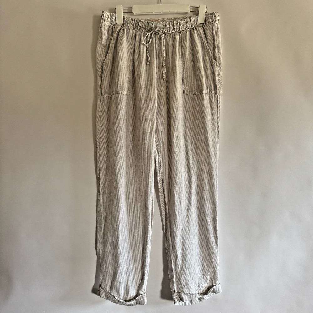 St. Tropez West Womens 100% Linen Pants  XL Tan Cream Striped Beachy Pull On